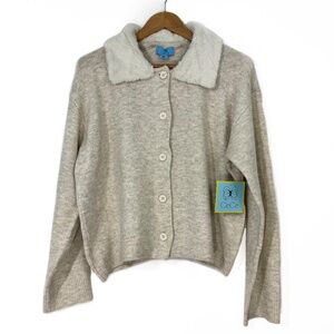 CeCe Women’s Size Medium Malted Beige Faux Fur Collar Acrylic Knit Cardigan